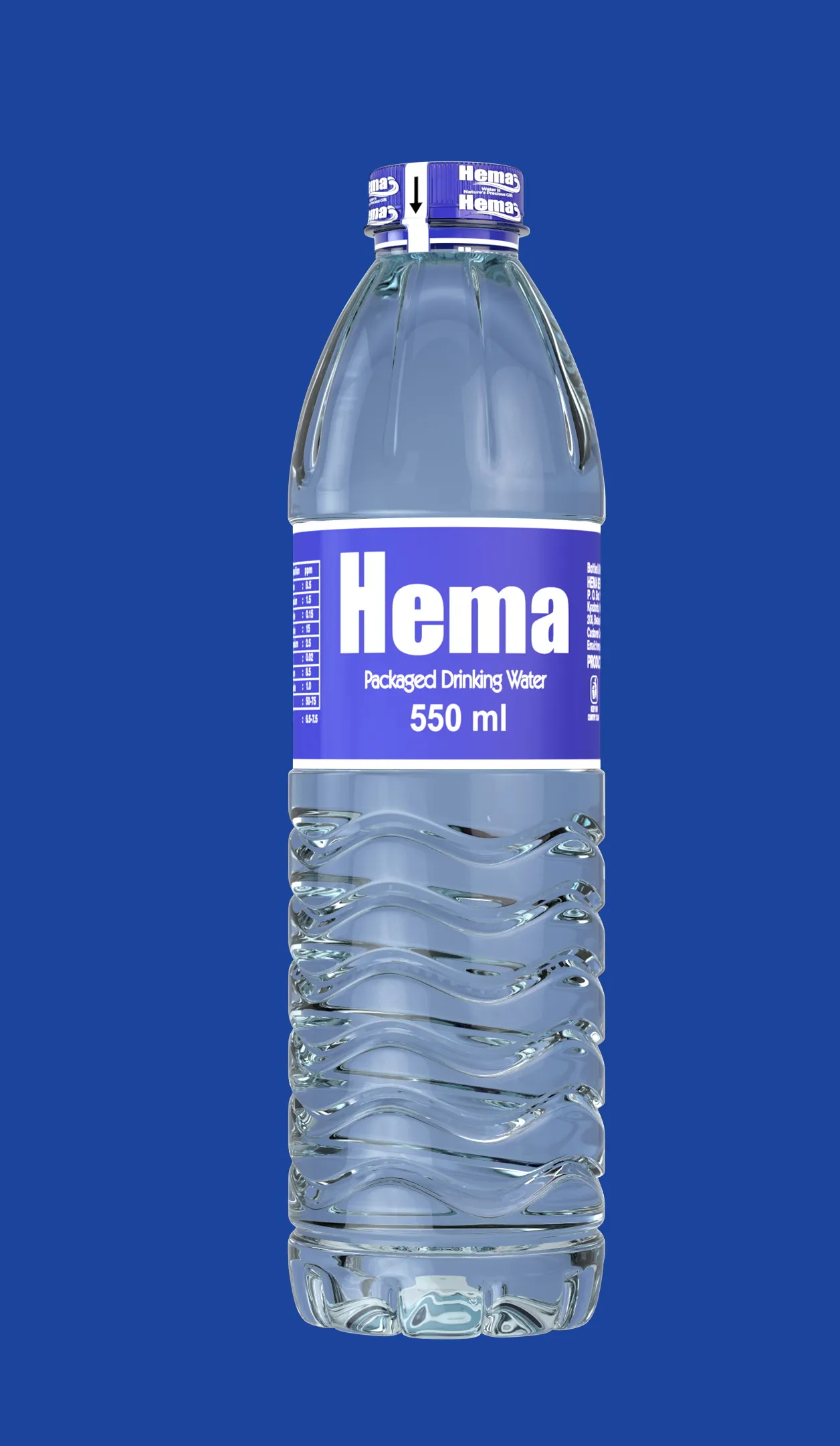 HEMA Packaged Drinking Water, 550 ml, on a HEMA blue ground
